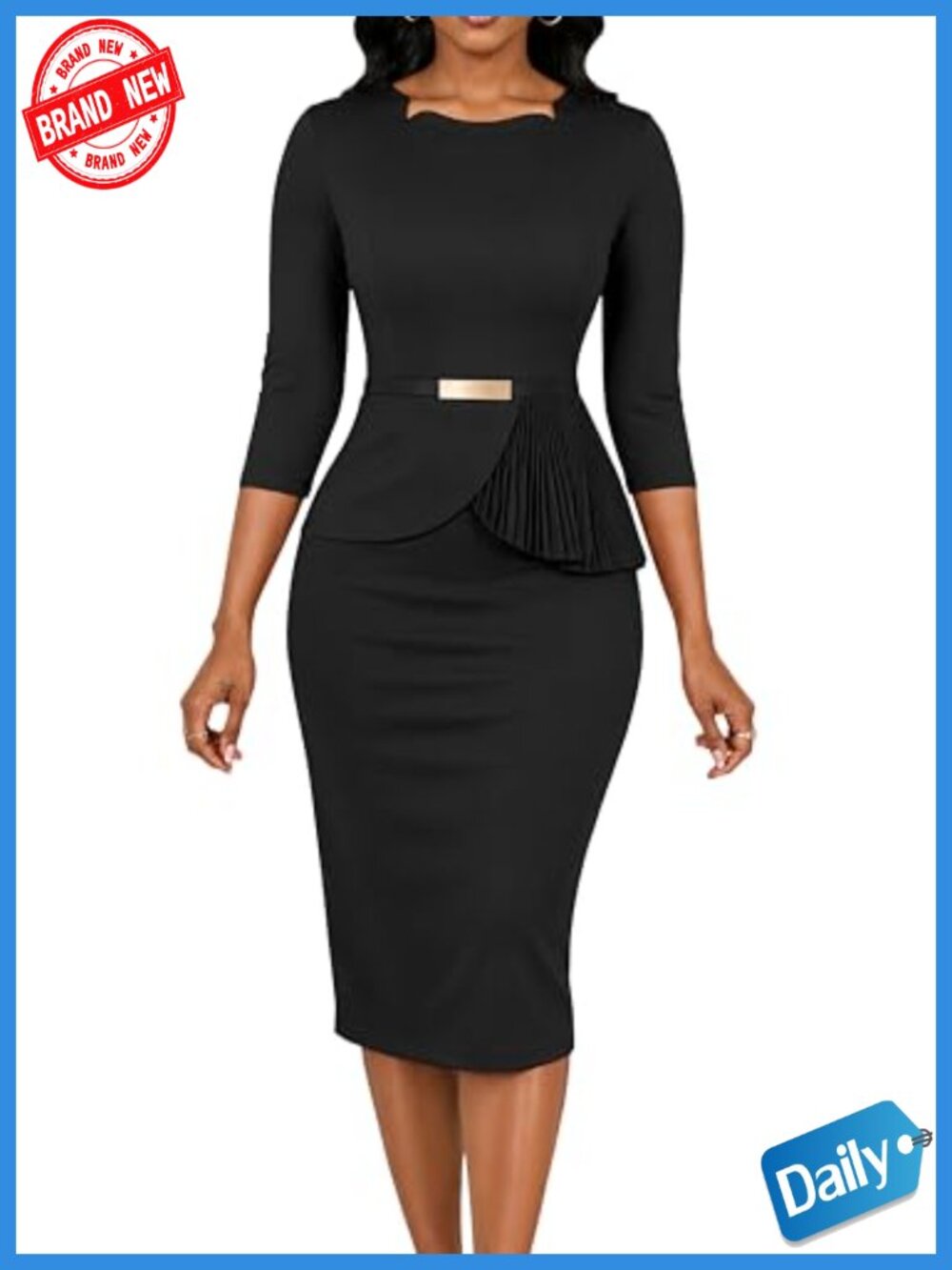 Elegant Bodycon Midi Dress with Belt, 3/4 Sleeve, Lightweight Business Casual